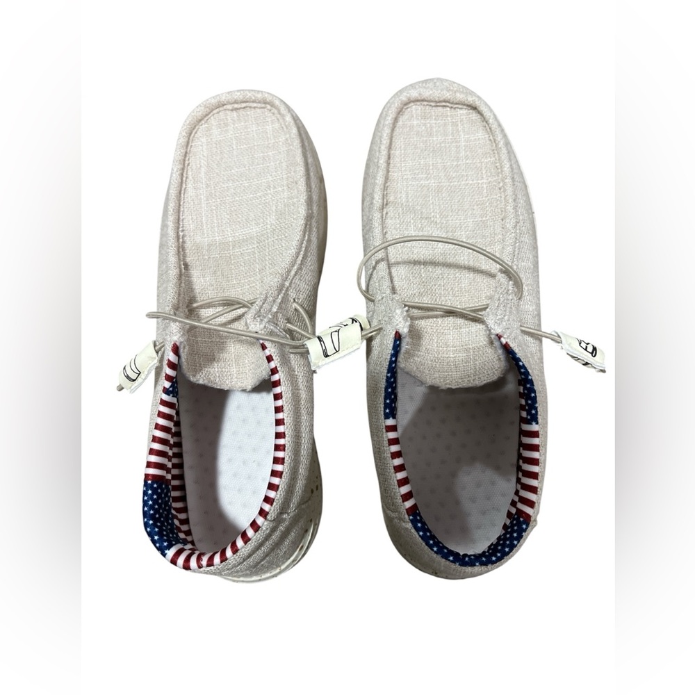 Mens Canvas Slip-On Shoes with American Flag Trim - Cream Size 10
